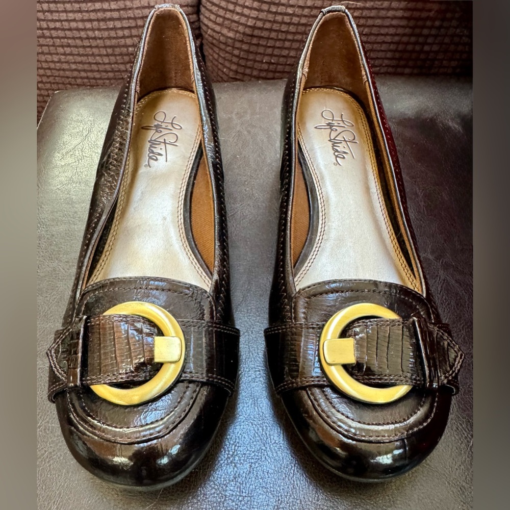 Life Stride Margot Brown Flats with Gold Buckle